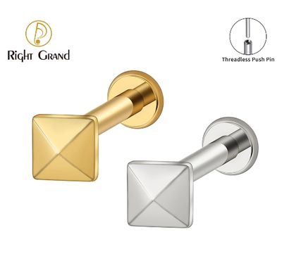 Right Grand ASTM F136 Titanium Faceted Square Threadless Stud Earring 3D Pyramid Cartilage Helix Flat Back Labret Piercing