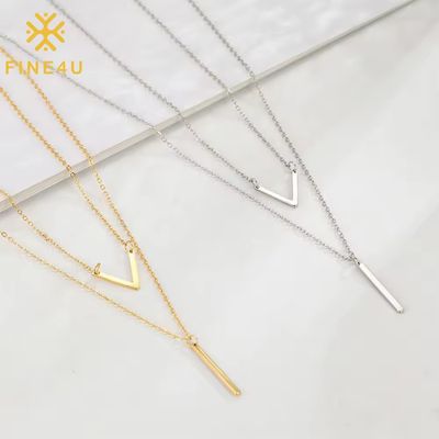 Right Grand Simple Fashion Jewelry Women Letter V Vertical Bar Pendant Gold Plated Stainless Steel Layered Necklace