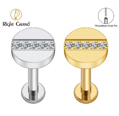 Right Grand ASTM F136 Titanium 18G/16G Threadless CZ Nail Earring Disc Cartilage Tragus Helix Stud Push Pin Labret Body Jewelry