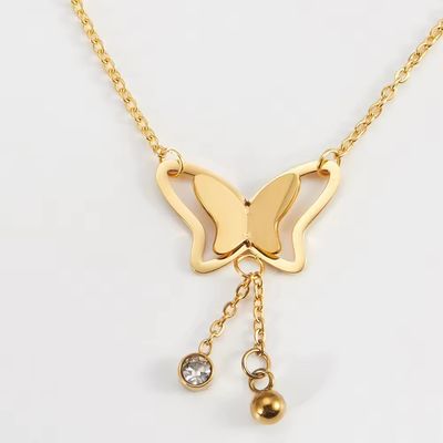 Right Grand Women Jewelry Gold Plated Tassel Dangling Beads Stainless Steel Choker Necklace Butterfly Pendant Charms