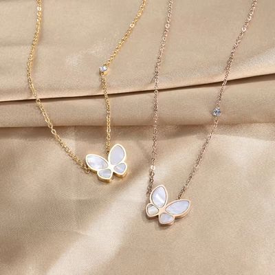 Right Grand Stainless Steel Kelebek Kolye Jewelry White Shell Pendant Women Pink Gold Butterfly Necklace