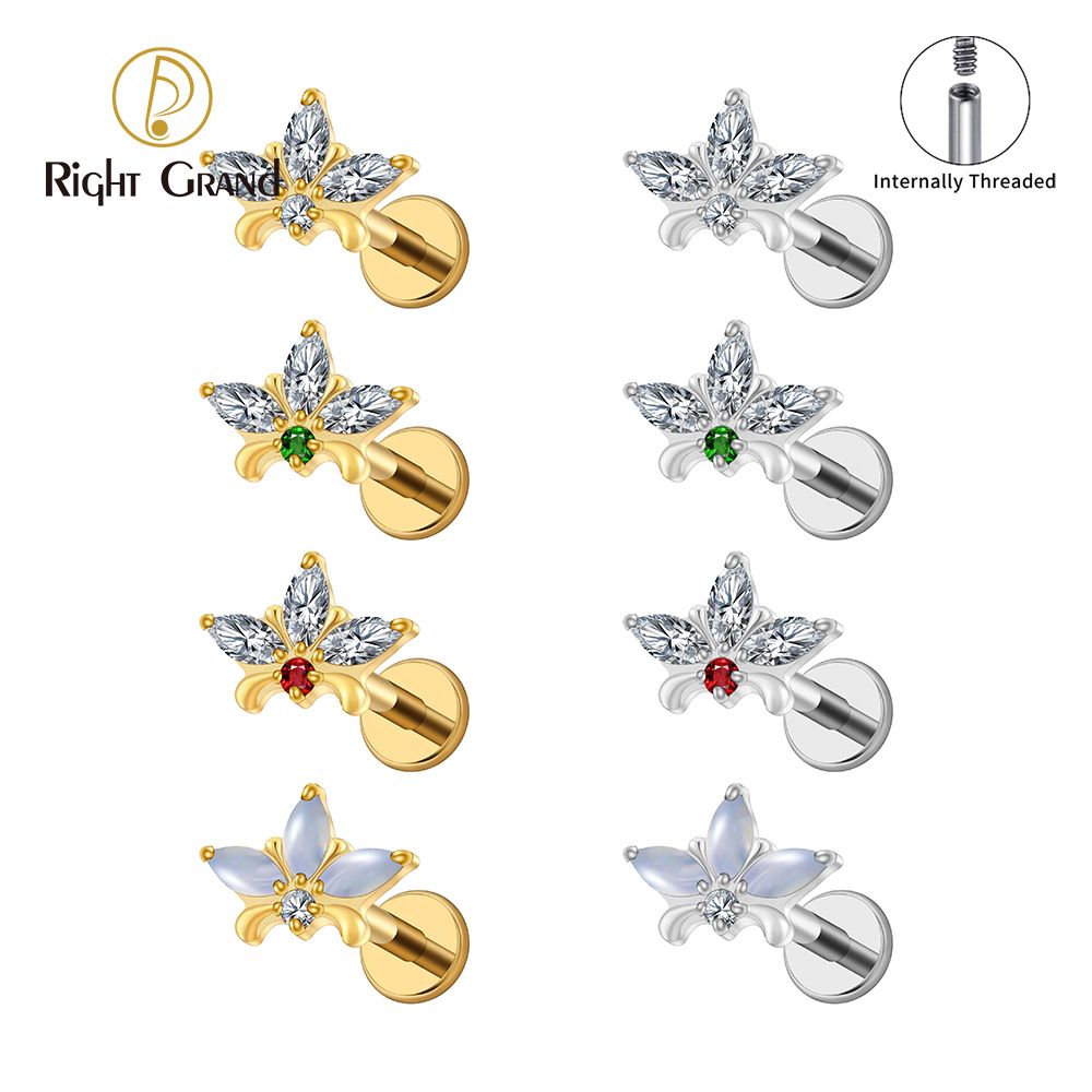 Right Grand ASTM F136 Titanium 16G Internal Thread Triple Marquise Flower CZ Moonstone Labret Stud Helix Conch Cartilage Tragus Flat Back Piercing