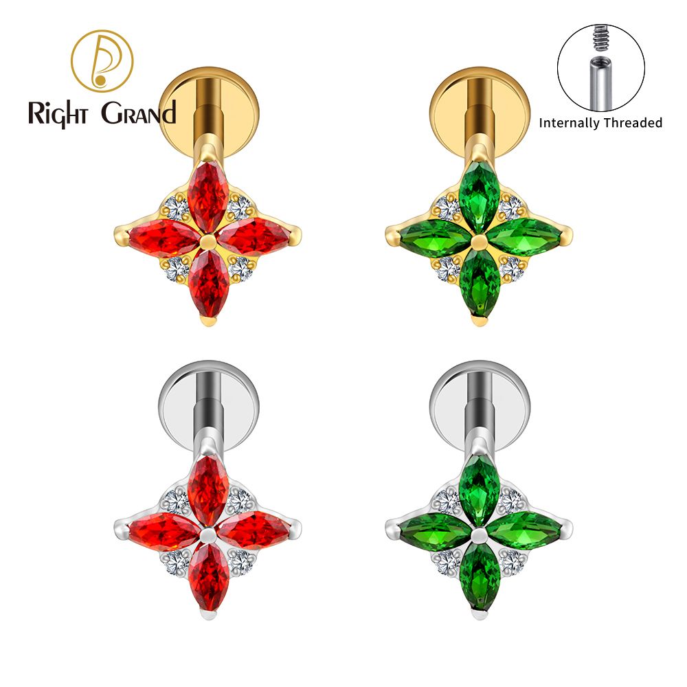 Right Grand ASTM F136 Titanium 16G Internal Thread 4 Marquise Flower CZ Garnet Labret Stud Helix Conch Cartilage Tragus Flat Back Piercing