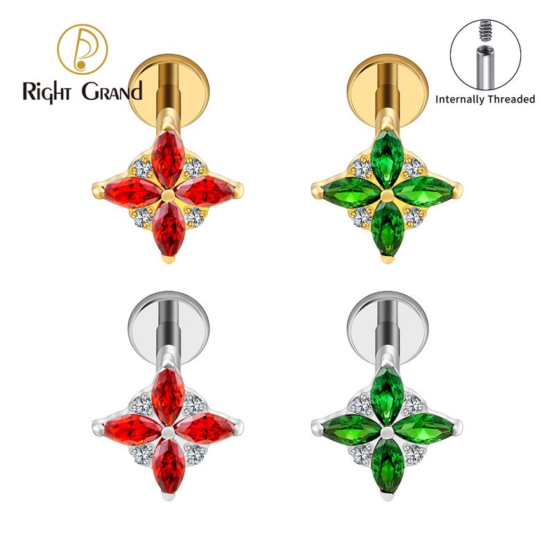 Right Grand ASTM F136 Titanium 16G Internal Thread 4 Marquise Flower CZ Garnet Labret Stud Helix Conch Cartilage Tragus Flat Back Piercing