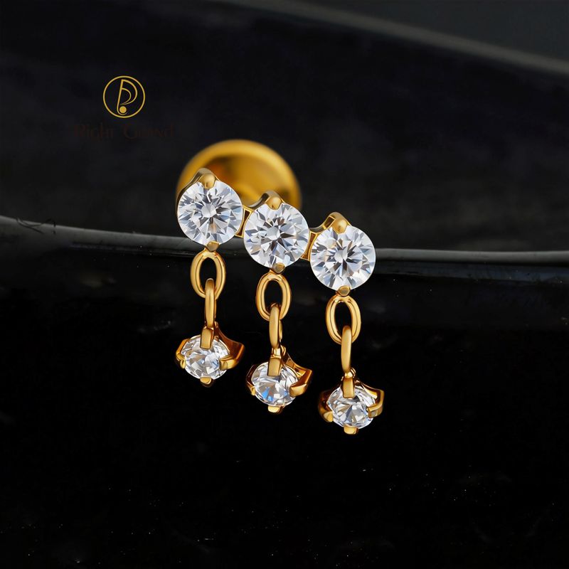 Right Grand ASTM F136 Titanium Internal Thread 16G Triple CZ Dangle Flat Back Stud Cartilage Earring Helix Tragus Nose Piercing Jewelry