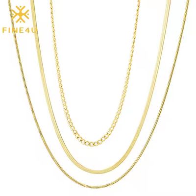 Right Grand Women Fashion Trendy Basic Stainless Steel Gold Plated Herringbone Snake Chain Triple Layered Necklace