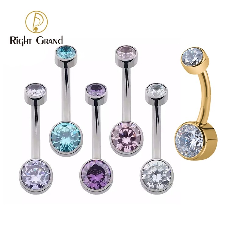 Right Grand 14G Implant Grade Titanium Internal Thread Double Cubic Zircon Bezel Setting Belly Piercing