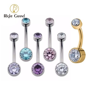 Right Grand 14G Implant Grade Titanium Internal Thread Double Cubic Zircon Bezel Setting Belly Piercing