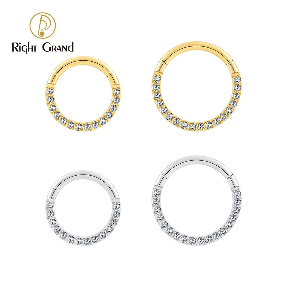 Right Grand Implant Grade Titanium Prong Setting Cubic Zircon Paved Daith Piercing Nose Clicker Ring
