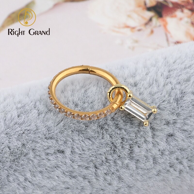 Right Grand Implant Grade 316L Surgical Steel CNC Claw Setting Clicker With Brass CZ Dangle Charm