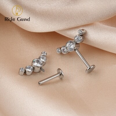 Right Grand 16G ASTM F136 Titanium Internally Threaded  Bezel Setting Zircon  Vertical Ear Tragus Cluster Helix Piercing Jewelry