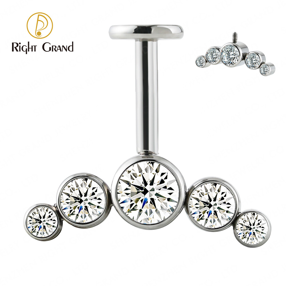 Right Grand 16G ASTM F136 Titanium Internally Threaded  Bezel Setting Zircon  Vertical Ear Tragus Cluster Helix Piercing Jewelry