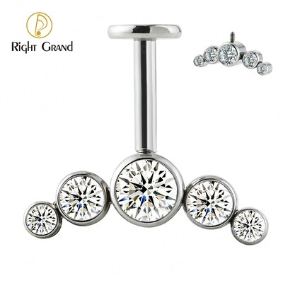 Right Grand 16G ASTM F136 Titanium Internally Threaded  Bezel Setting Zircon  Vertical Ear Tragus Cluster Helix Piercing Jewelry