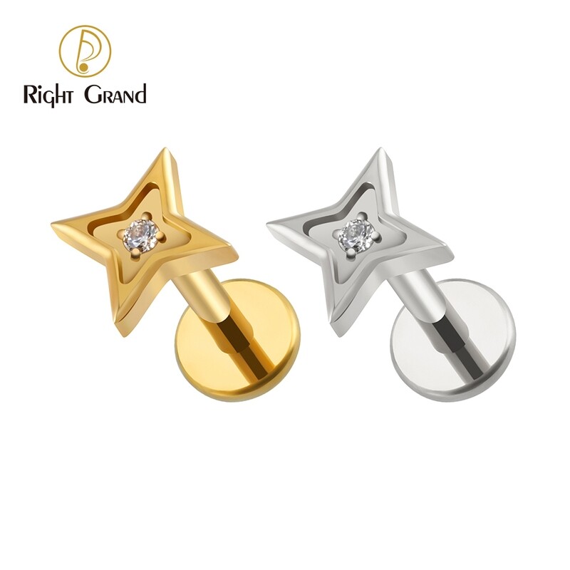 Right Grand ASTM F136 Titanium Internal Thread 4 Pointed Star CZ Stud Tragus Helix Cartilage Earring