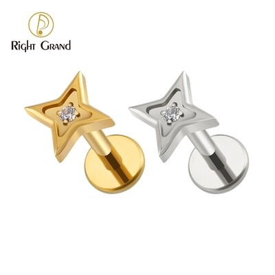 Right Grand ASTM F136 Titanium Internal Thread 4 Pointed Star CZ Stud Tragus Helix Cartilage Earring