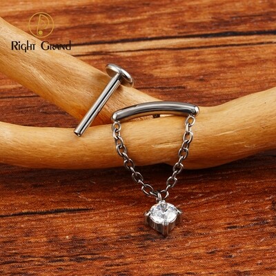 Right Grand ASTM F136 Titanium 16G Round CZ Dangle Hidden Helix Rook Piercing Chain Curved Barbell Stud Earring