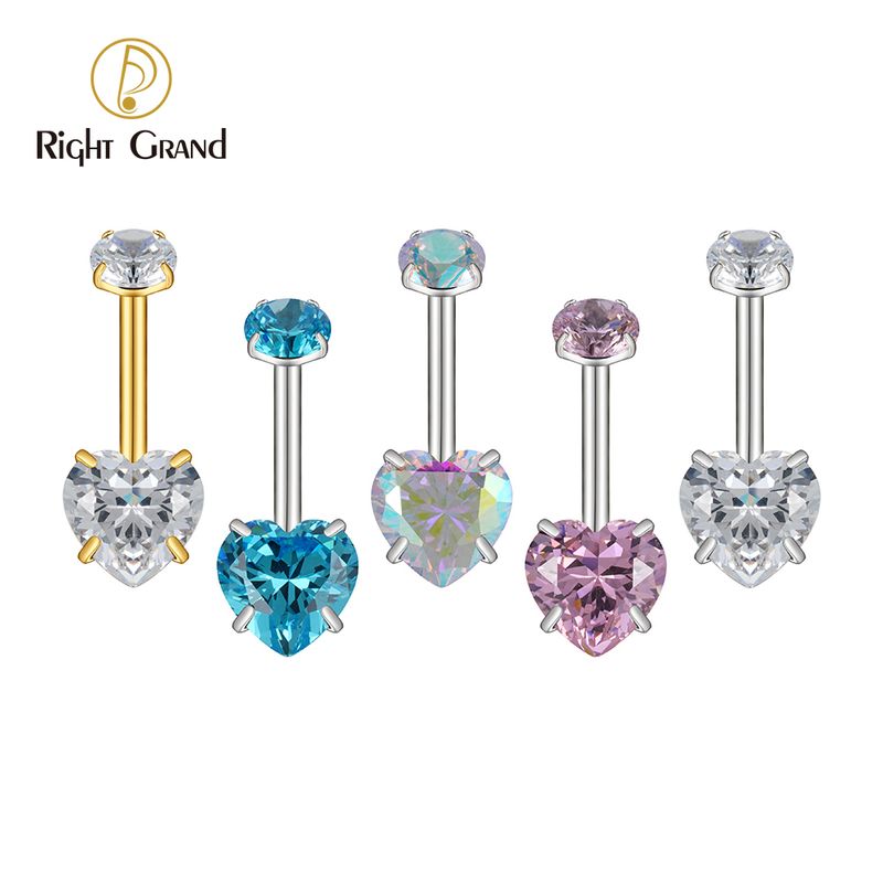 Right Grand ASTM F136 Titanium 14G Heart Shaped CZ Belly Button Ring Navel Curved Barbell Stud Body Piercing Jewelry