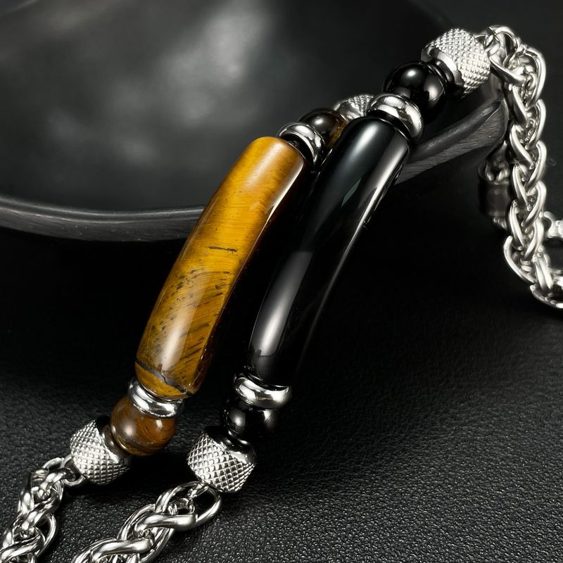 Right Grand High Quality Luxury Fashion Retro Boys Jewelry Stainless Steel Chain Stitching Natural Stone Beads Tiger Eye Bracelet