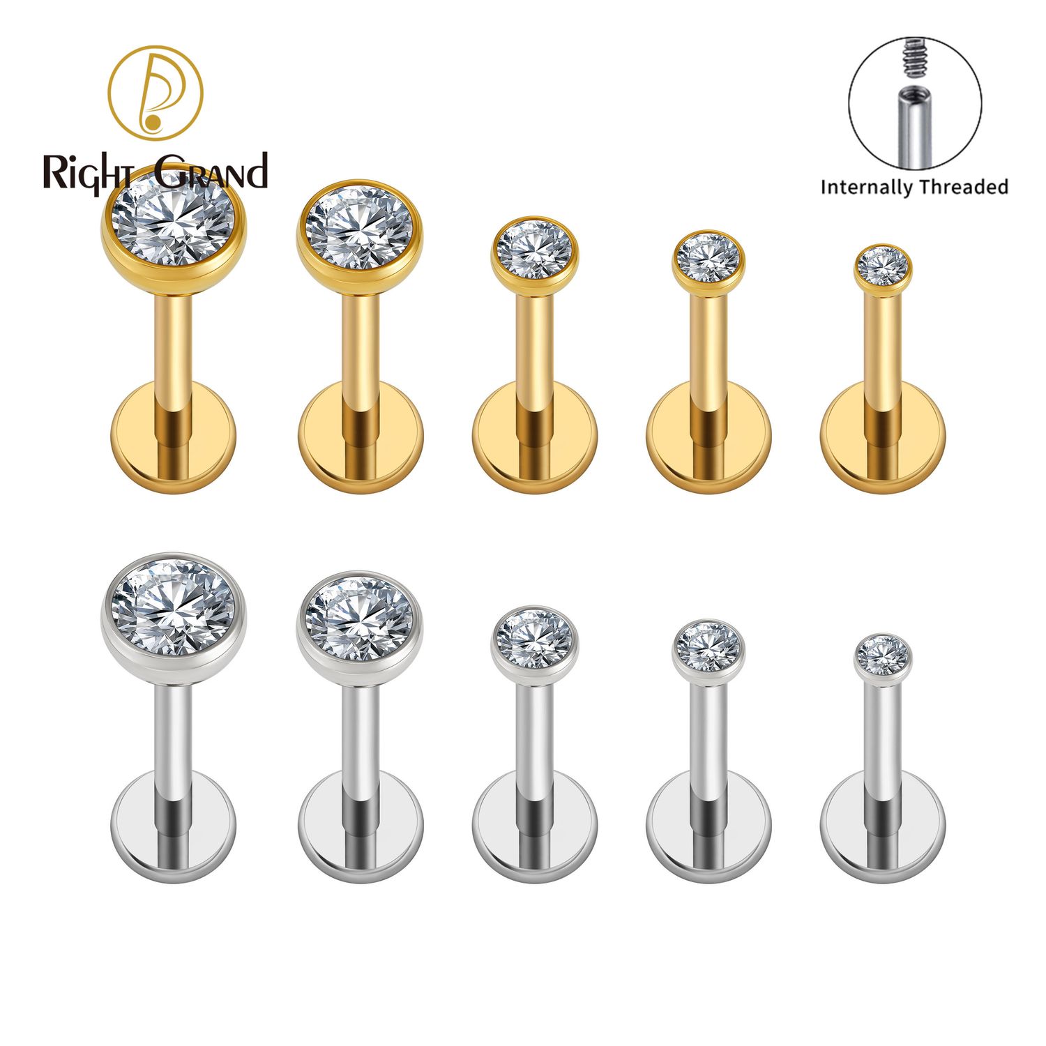 Right Grand ASTM F136 Titanium 16G Internal Thread Bezel Setting Cz Cartilage Earring Punk Helix Tragus Conch Snug Ear Labret Piercing Jewelry