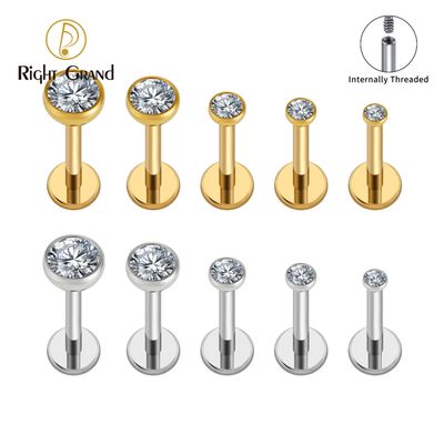 Right Grand ASTM F136 Titanium 16G Internal Thread Bezel Setting Cz Cartilage Earring Punk Helix Tragus Conch Snug Ear Labret Piercing Jewelry