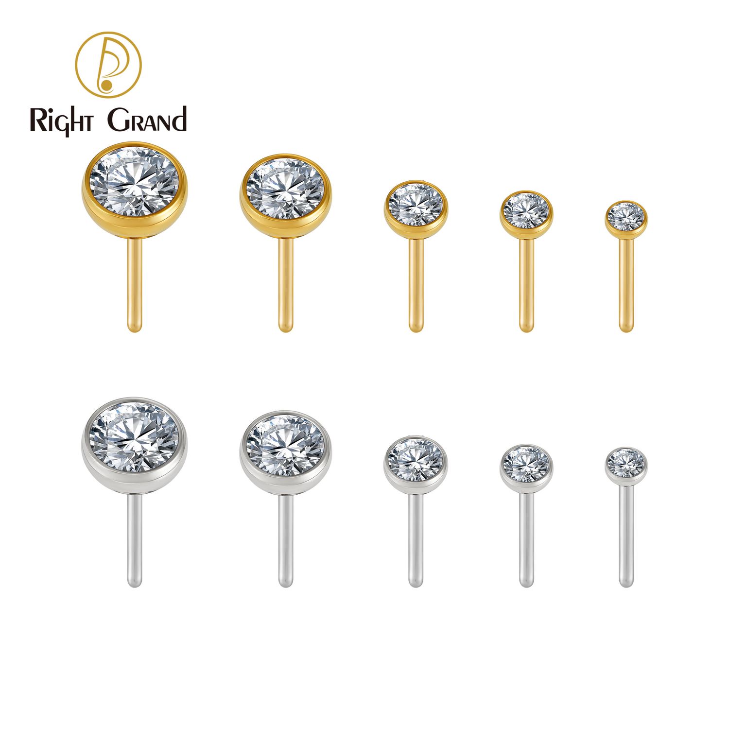 Right Grand ASTM F136 Titanium 16G Threadless Push Pin Bezel Setting Cz Cartilage Earring Punk Helix Tragus Conch Snug Ear Labret Piercing Top