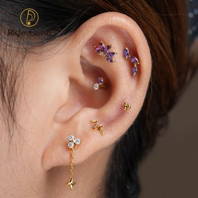 Right Grand ASTM F136 Titanium Trinity Bead Cartilage Earrings 20G Push Back Helix Stud Earlobe Earrings