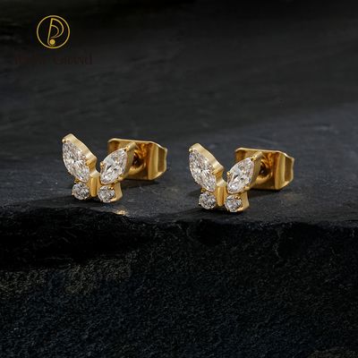 Right Grand ASTM F136 Titanium CZ Marquise Butterfly Stud Earrings 20G Gorgeous Insect Push Back Piercing Jewelry Gift