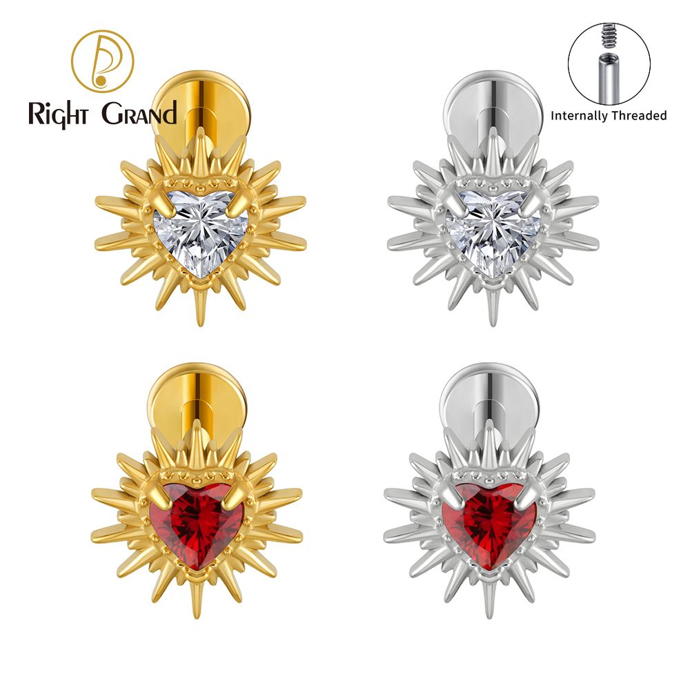 Right Grand ASTM F136 Titanium 16G Internal Thread Sparkling Heart CZ Labret Tragus Cartilage Conch Forward Helix Stud Nose Piercing