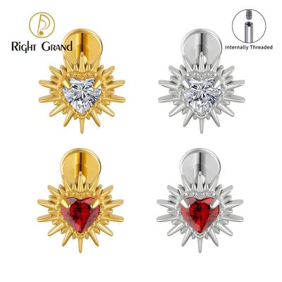 Right Grand ASTM F136 Titanium 16G Internal Thread Sparkling Heart CZ Labret Tragus Cartilage Conch Forward Helix Stud Nose Piercing