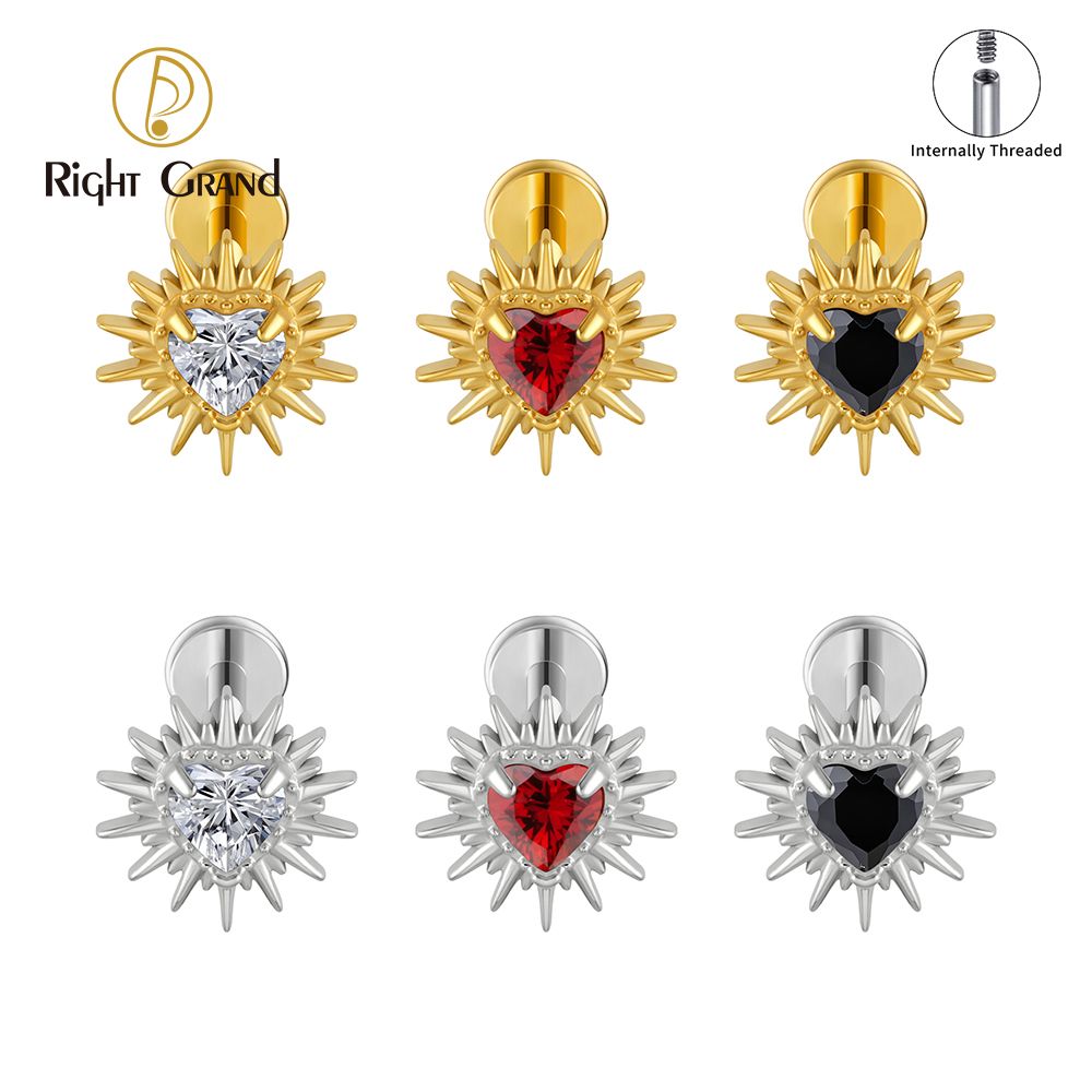 Right Grand ASTM F136 Titanium 16G Internal Thread Sparkling Heart CZ Labret Tragus Cartilage Conch Forward Helix Stud Nose Piercing