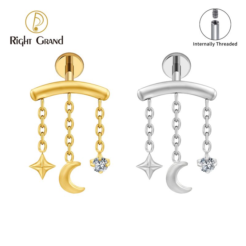 Right Grand ASTM F136 Titanium Internal Thread Chain Star Moon CZ Hidden Cartilage Earring 16G Floating Helix Tragus Stud Flat Back Labret Piercing Jewelry