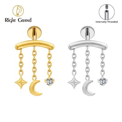 Right Grand ASTM F136 Titanium Internal Thread Chain Star Moon CZ Hidden Cartilage Earring 16G Floating Helix Tragus Stud Flat Back Labret Piercing Jewelry