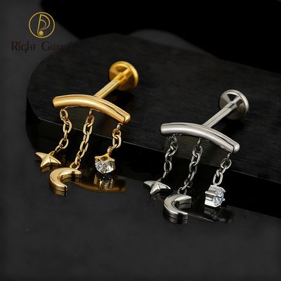 Right Grand ASTM F136 Titanium Internal Thread Chain Star Moon CZ Hidden Cartilage Earring 16G Floating Helix Tragus Stud Flat Back Labret Piercing Jewelry