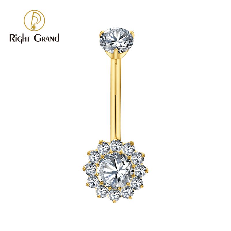 Right Grand ASTM F136 Titanium Round CZ Halo Belly Button Ring 14G Threaded Navel Curved Barbell Piercing Jewelry