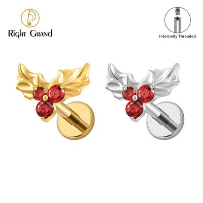Right Grand ASTM F136 Titanium Internal Thread Christmas Holly Leaf CZ Cartilage Earring 16G Helix Tragus Stud Flat Back Labret Piercing Jewelry