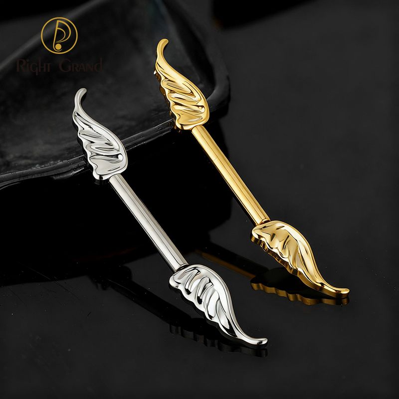 Right Grand ASTM F136 Titanium 14G Angel Wing Nipple Ring Threadless Push Pin Straight Barbell Piercing Jewelry
