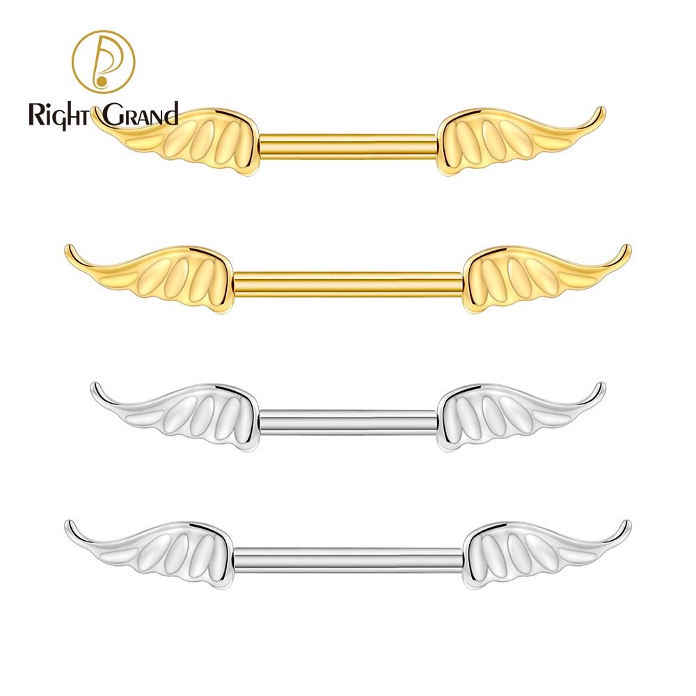 Right Grand ASTM F136 Titanium 14G Angel Wing Nipple Ring Threadless Push Pin Straight Barbell Piercing Jewelry
