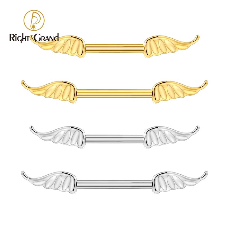 Right Grand ASTM F136 Titanium 14G Angel Wing Nipple Ring Threadless Push Pin Straight Barbell Piercing Jewelry