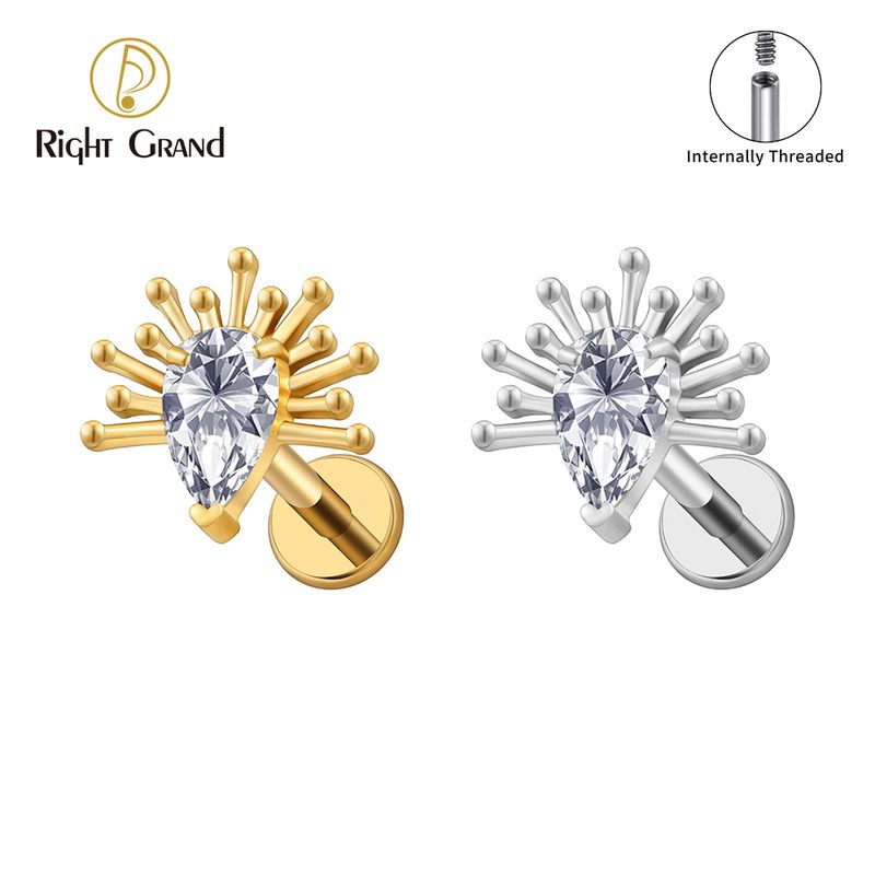 Right Grand ASTM F136 Titanium Internal Thread Spark Burst Teardrop CZ Flat Back Stud Earring 16G Helix Tragus Cartilage Lip Piercing