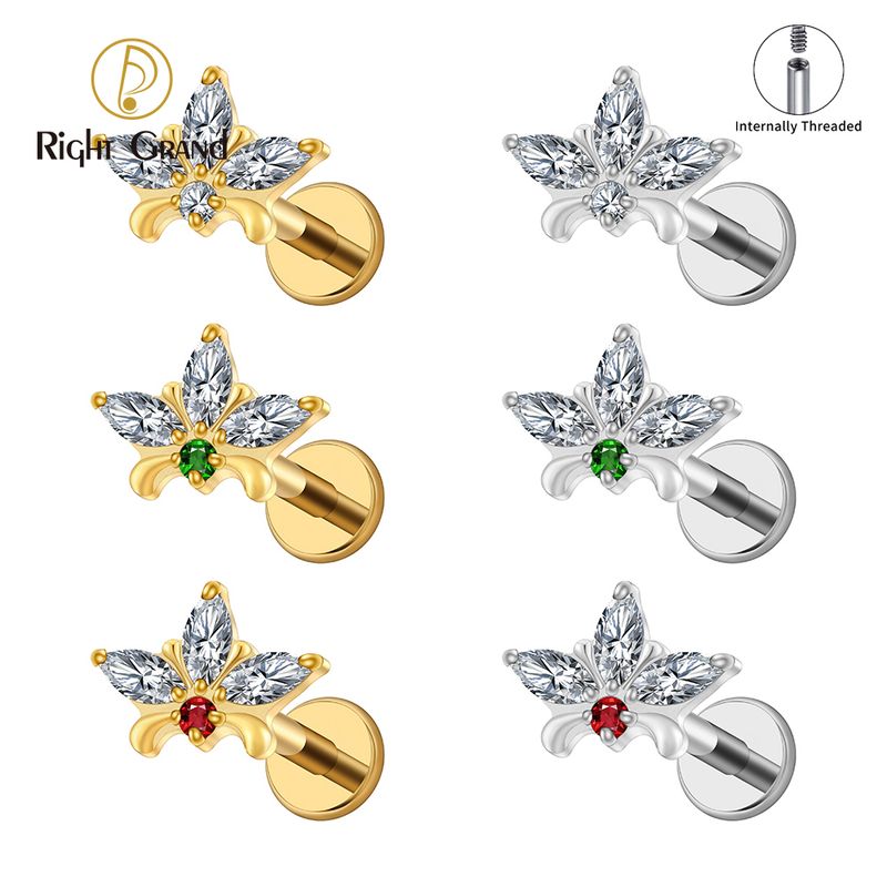 Right Grand ASTM F136 Titanium 16G Internal Thread Triple Marquise Flower CZ Labret Stud Helix Conch Cartilage Tragus Flat Back Piercing
