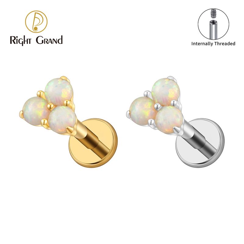 Right Grand ASTM F136 Titanium 16G Internal Thread Triple Opal Beads Labret Stud Helix Conch Cartilage Tragus Flat Back Piercing