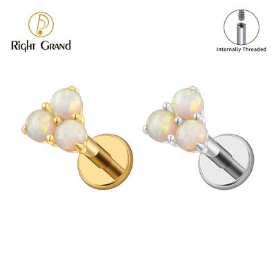 Right Grand ASTM F136 Titanium 16G Internal Thread Triple Opal Beads Labret Stud Helix Conch Cartilage Tragus Flat Back Piercing