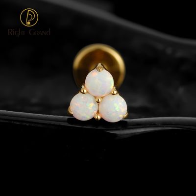 Right Grand ASTM F136 Titanium 16G Internal Thread Triple Opal Beads Labret Stud Helix Conch Cartilage Tragus Flat Back Piercing