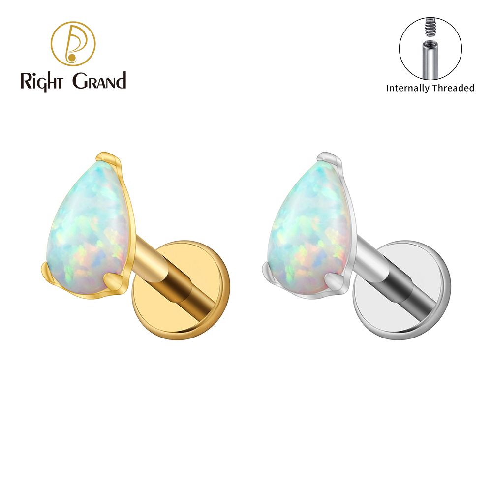 Right Grand ASTM F136 Titanium 16G Internal Thread Teardrop Opal Labret Stud Helix Conch Cartilage Tragus Flat Back Piercing