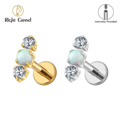 Right Grand ASTM F136 Titanium 16G Internal Thread Triple Beads CZ Opal Labret Stud Helix Conch Cartilage Tragus Flat Back Piercing