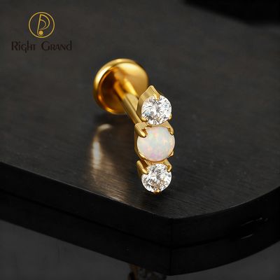 Right Grand ASTM F136 Titanium 16G Internal Thread Triple Beads CZ Opal Labret Stud Helix Conch Cartilage Tragus Flat Back Piercing