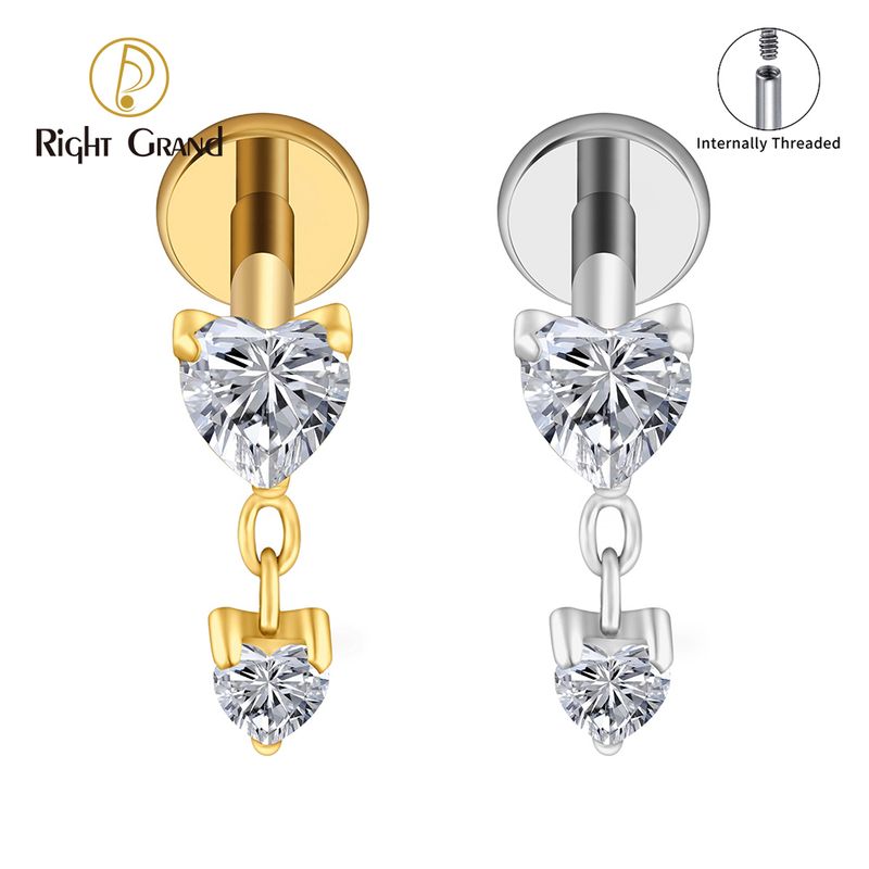 Right Grand ASTM F136 Titanium 16G Internal Thread Heart CZ Chain Dangle Labret Stud Helix Conch Cartilage Tragus Flat Back Piercing