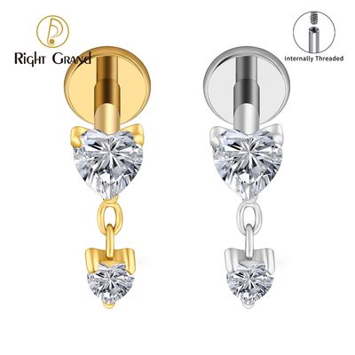 Right Grand ASTM F136 Titanium 16G Internal Thread Heart CZ Chain Dangle Labret Stud Helix Conch Cartilage Tragus Flat Back Piercing