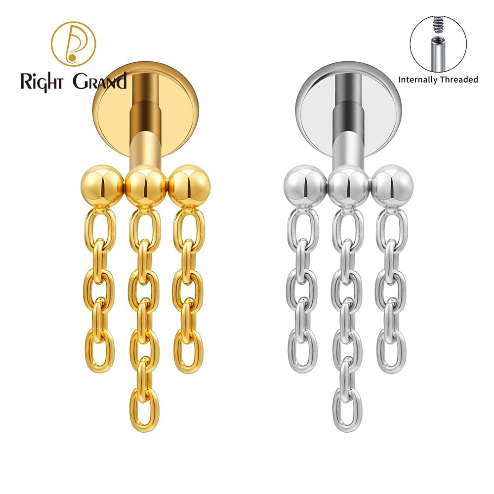 Right Grand ASTM F136 Titanium 16G Internal Thread Triple Beads Chain Dangle Labret Stud Helix Conch Cartilage Tragus Flat Back Piercing