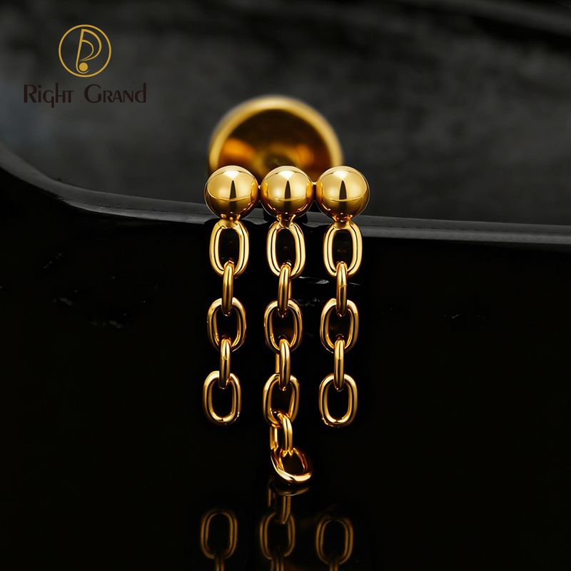 Right Grand ASTM F136 Titanium 16G Internal Thread Triple Beads Chain Dangle Labret Stud Helix Conch Cartilage Tragus Flat Back Piercing